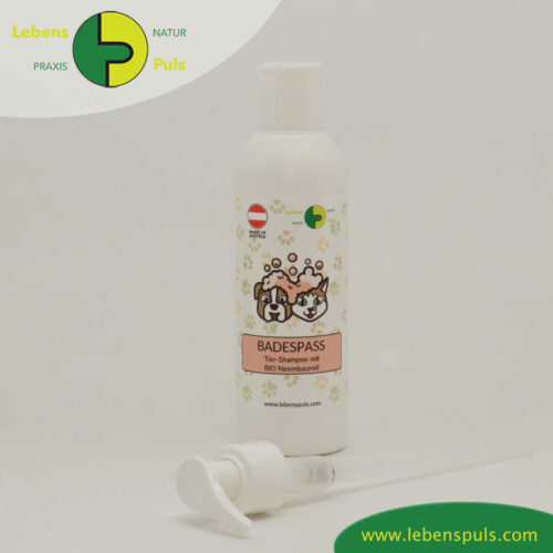 Badespass Tiershampoo mit Neembaumöl Hund und Katze mit Kippverschluss und Pumpe LebensPuls
