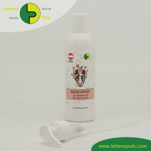 Badespass Tiershampoo mit Neembaumöl Pferd mit Kippverschluss und Pumpe LebensPuls