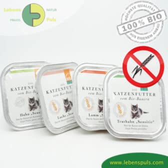 AKTION 3 + 1 Premium Katzenfutter Nassfutter getreidefrei BIO von Defu Huhn, Truthahn, Lachs, Lamm 4x100g
