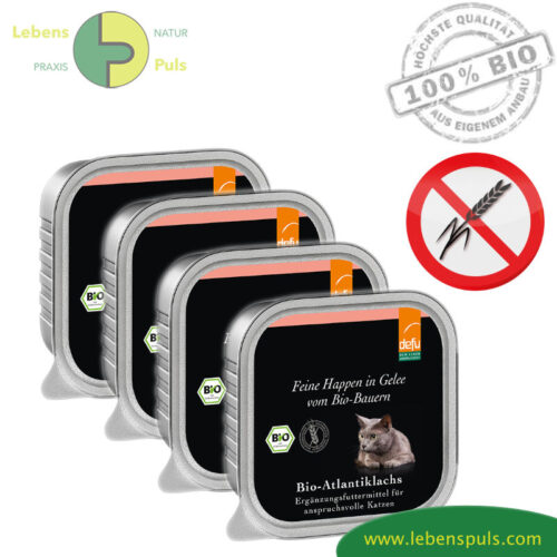 Defu Premium Katzenfutter Nassfutter getreidefrei BIO Atlantik Lachs mit feinen Happen in Gelee 16x100g