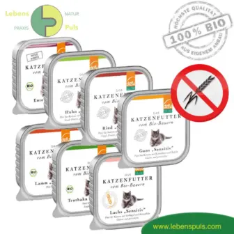 Premium Katzenfutter Nassfutter getreidefrei BIO von Defu Huhn, Truthahn, Gans, Rind, Lachs, Lamm, Ente; 100g