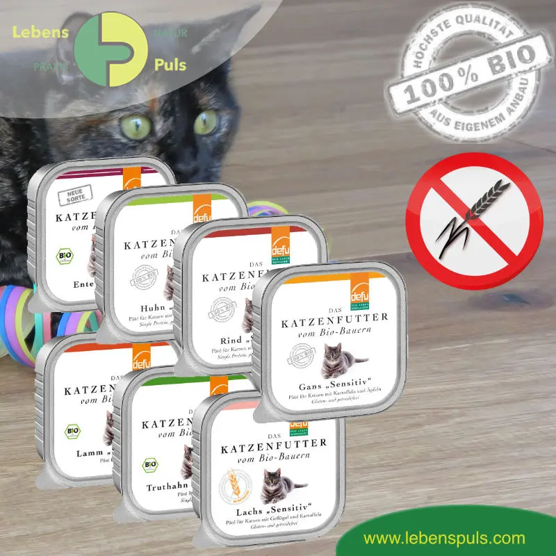 Premium Katzenfutter Nassfutter getreidefrei BIO von Defu Huhn, Truthahn, Gans, Rind, Lachs, Lamm, Ente; 100g
