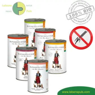 Premium Katzenfutter Nassfutter getreidefrei BIO von Defu Huhn, Ente, Gans, Rind, Lachs, Lamm; 410g