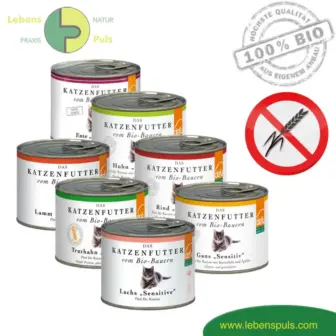 Premium Katzenfutter Nassfutter getreidefrei BIO von Defu Huhn, Truthahn, Gans, Rind, Lachs, Lamm, Ente; 200g