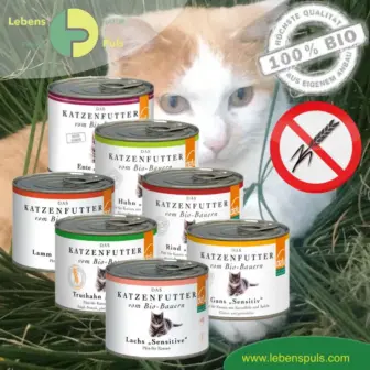Premium Katzenfutter Nassfutter getreidefrei BIO von Defu Huhn, Truthahn, Gans, Rind, Lachs, Lamm, Ente; 200g