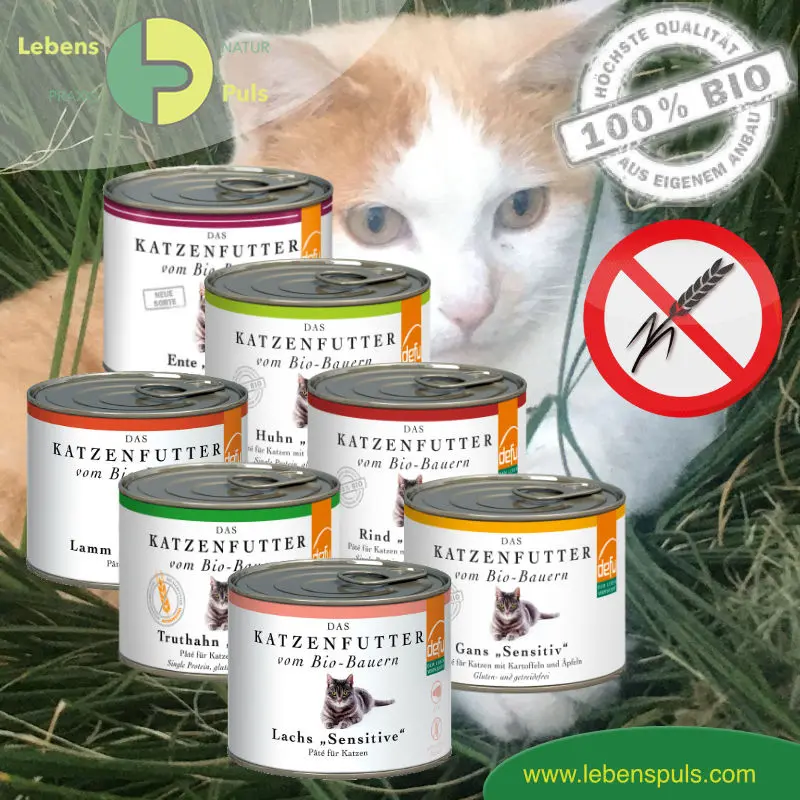 Premium Katzenfutter Nassfutter getreidefrei BIO von Defu Huhn, Truthahn, Gans, Rind, Lachs, Lamm, Ente; 200g